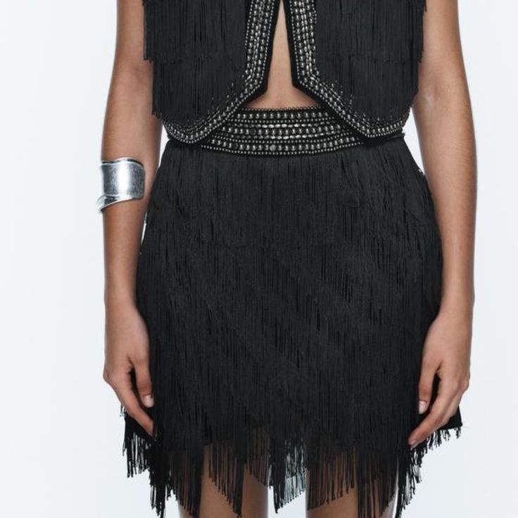 Zara Black Fringe & Velvet Set of Beaded Skirt & Vest (Surplus New)