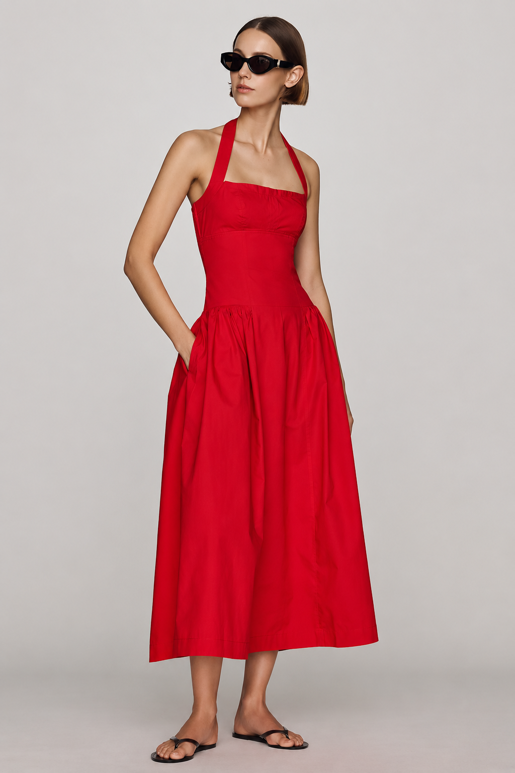 Anthropologie Maeve Poplin Halter Midi Dress in Red (Surplus - New)