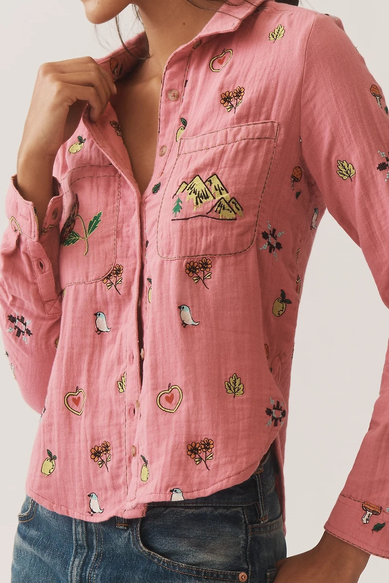 Anthropologie The Tabby Embroidered Icon Button-down Shirt by Pilcro (Surplus - New)