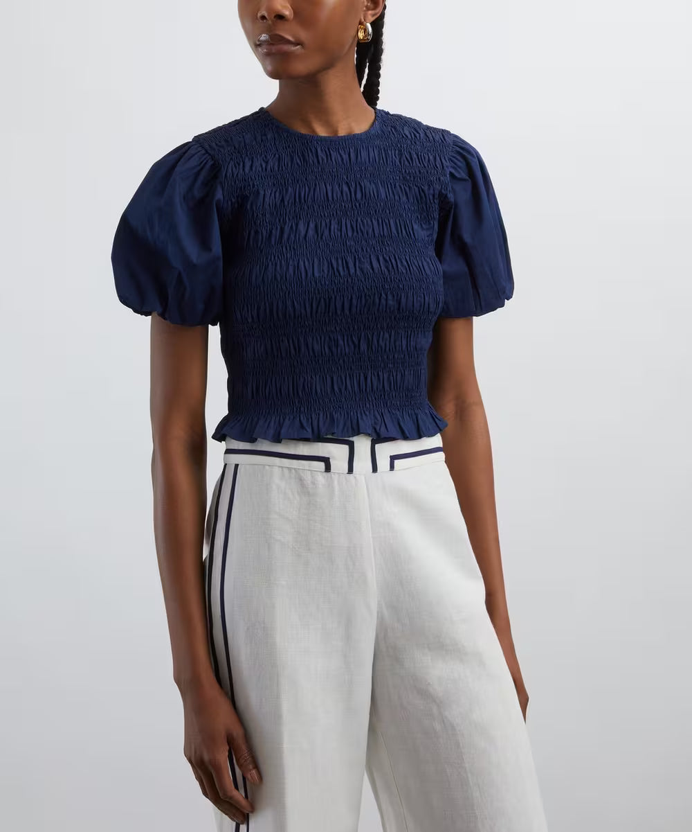 Maria de la Orden Baila Navy Shirt, Cotton Puff-Sleeve Top (Surplus - New)
