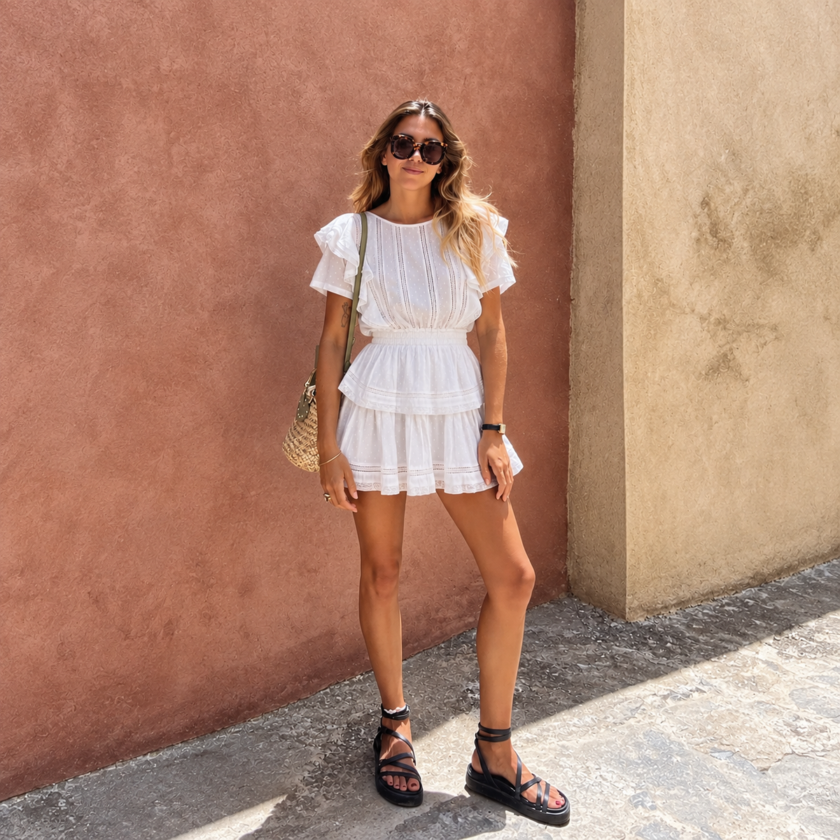 LoveShackFancy Natasha Heritage Mini Dress in White, Cotton Ruffle Dress (Surplus - New)