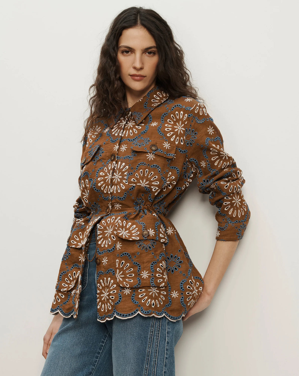 Veronica Beard Kiki Linen Eyelet Light-Brown Bungee Field Jacket (Surplus - New)
