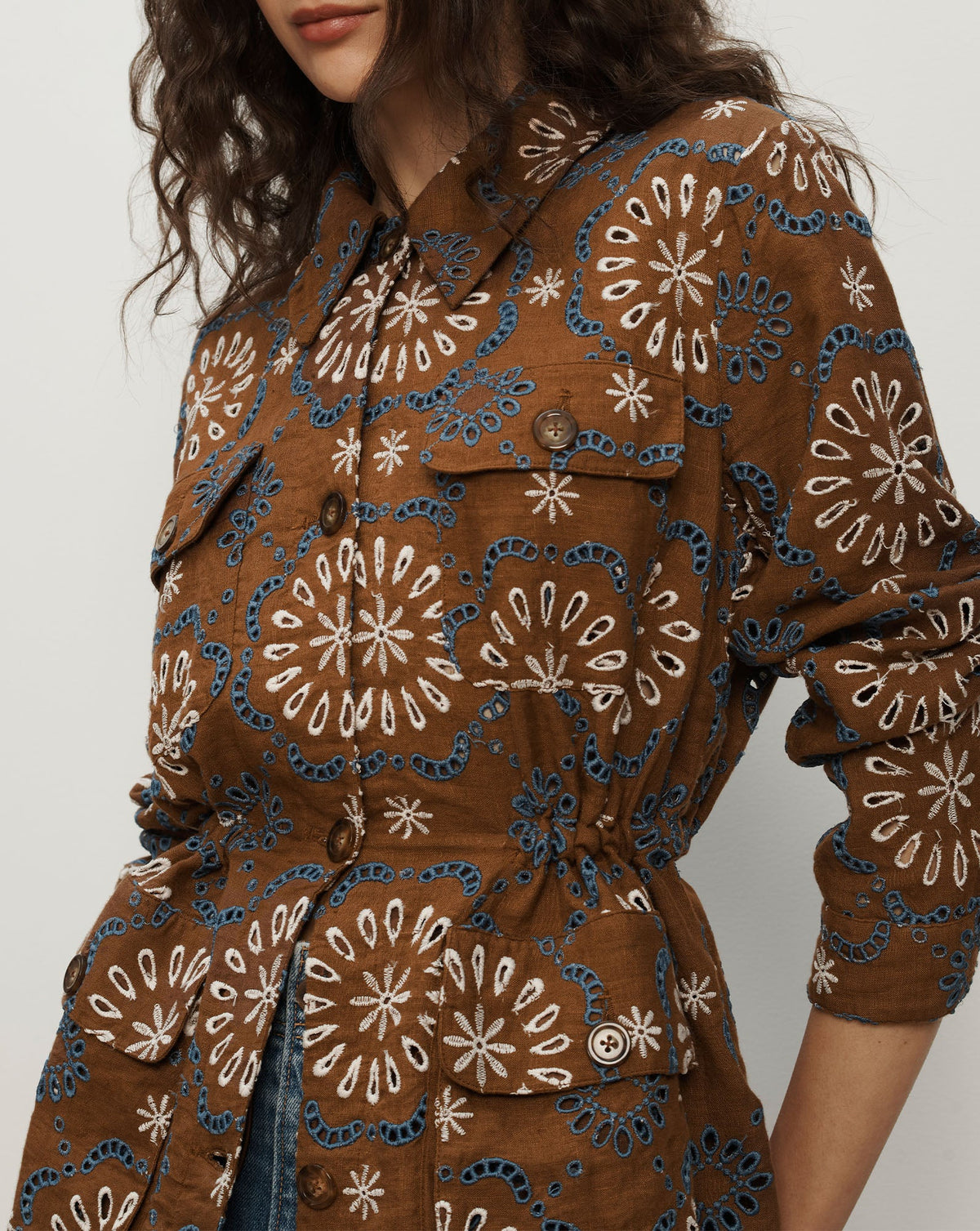 Veronica Beard Kiki Linen Eyelet Light-Brown Bungee Field Jacket (Surplus - New)