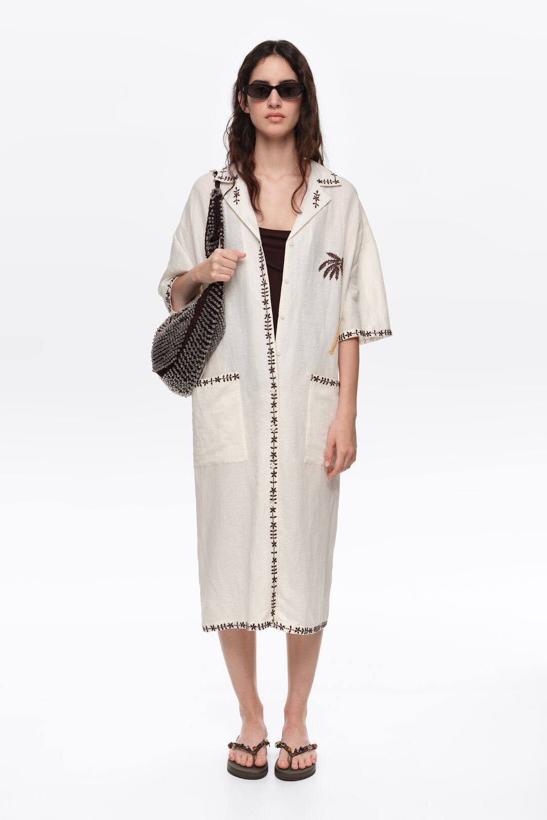 Bimba y Lola Brown Linen Blend Palm Tree Shirt Dress (Surplus - New)