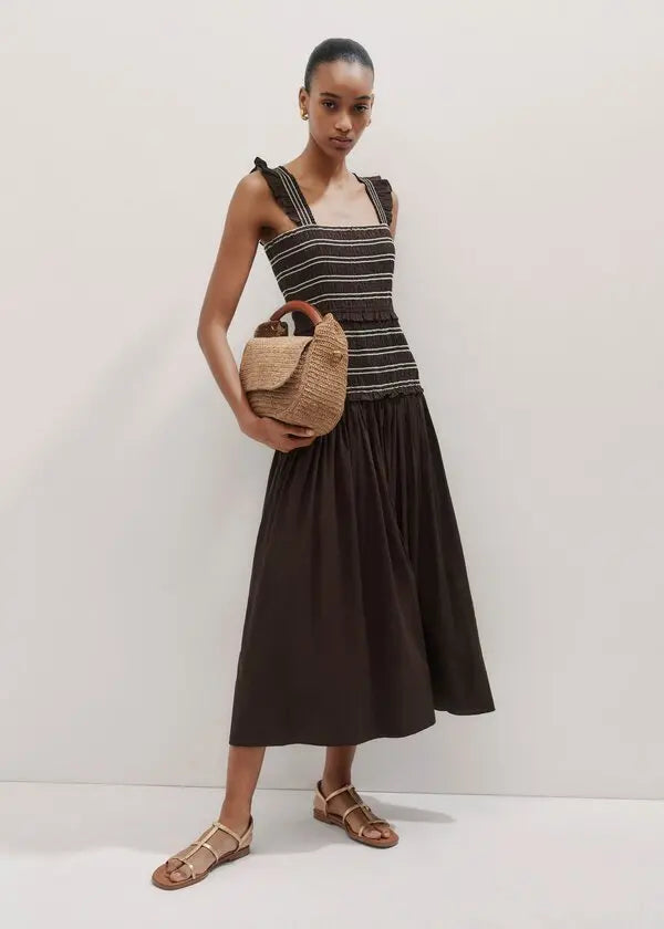 ME+EM Cotton Poplin Contrast Stitch Midi Dress in Summer Chocolate (Surplus - New)