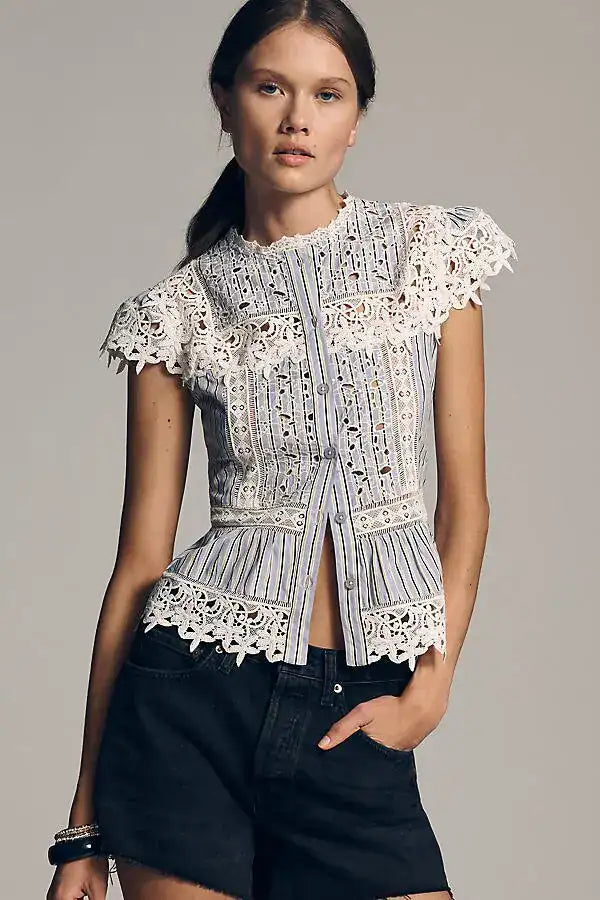 By Anthropologie Lace-Inset Blue Striped Blouse (Surplus - New)