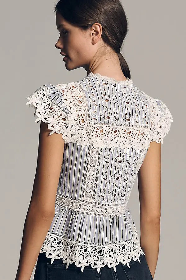 By Anthropologie Lace-Inset Blue Striped Blouse (Surplus - New)
