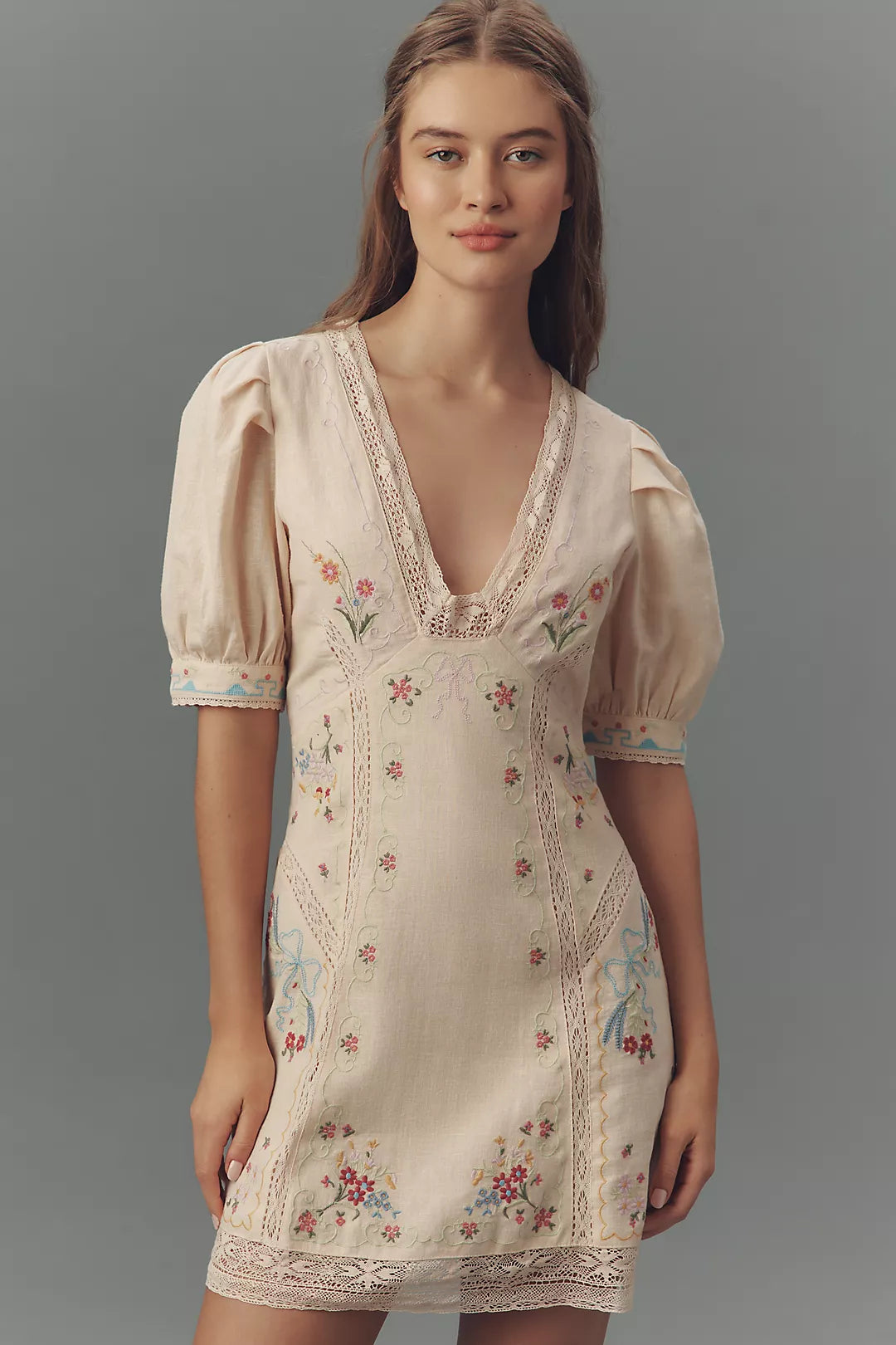 By Anthropologie Linen Blend Puff-Sleeve V-Neck Mini Dress (Surplus - New)