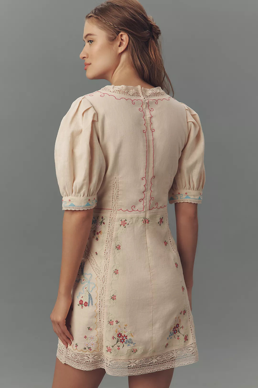By Anthropologie Linen Blend Puff-Sleeve V-Neck Mini Dress (Surplus - New)