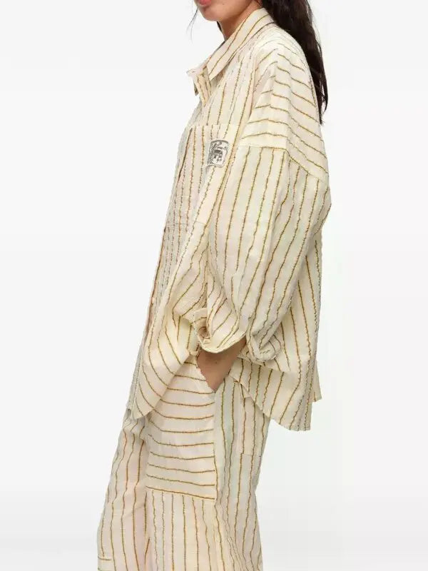 Bimba y Lola Natural Ocher Striped Textured Cotton Oversize Shirt (Surplus - New)