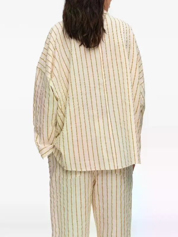 Bimba y Lola Natural Ocher Striped Textured Cotton Oversize Shirt (Surplus - New)