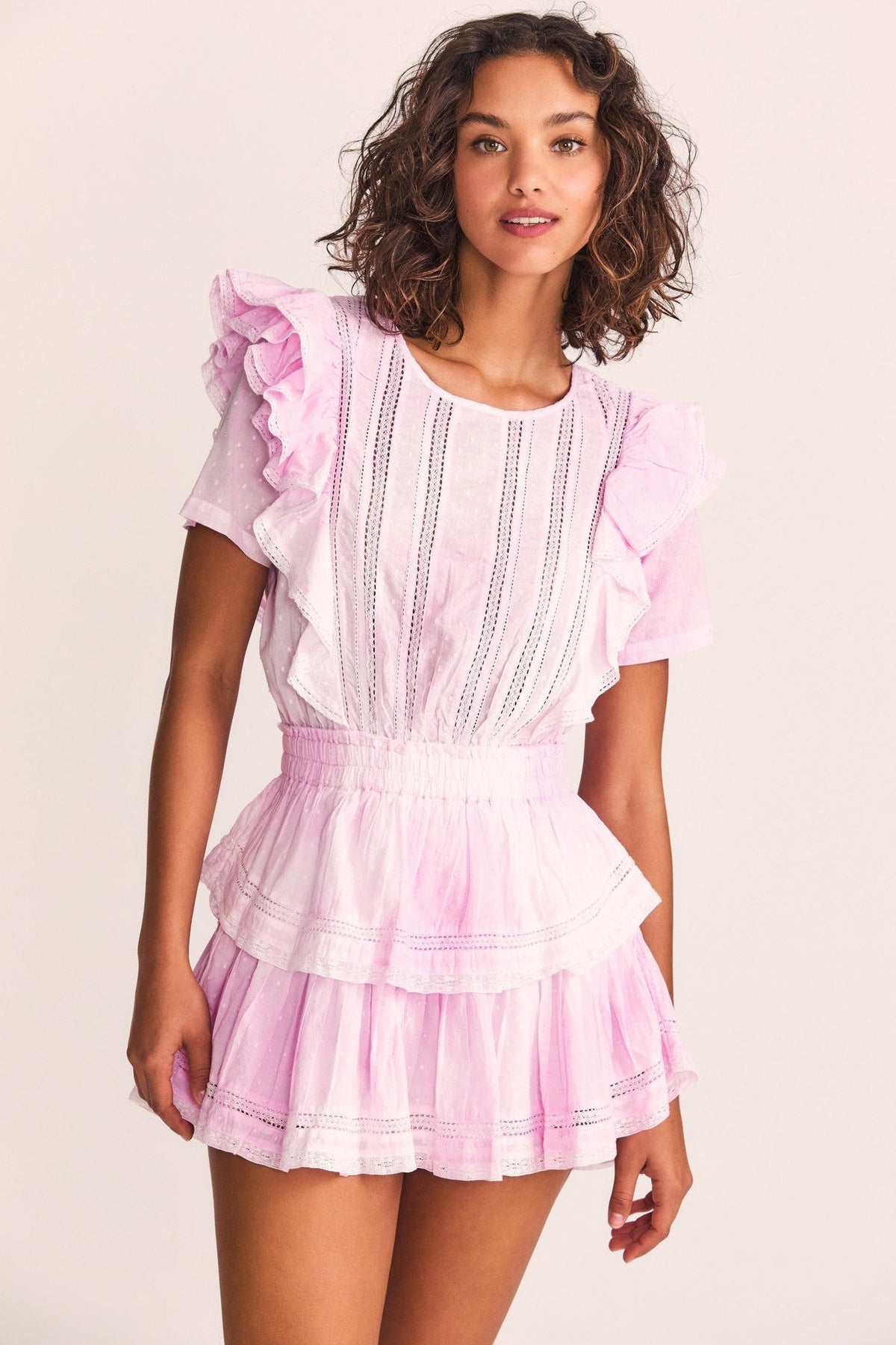 LoveShackFancy Natasha Dress, Peony Pink Cotton Tiered Mini Dress (Surplus - New)