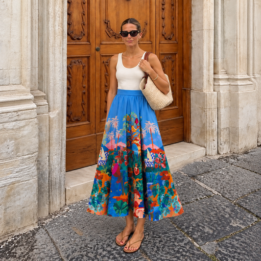 Farm Rio Multicolor Dream Landscape Organic Cotton Midi Skirt (Surplus - New)