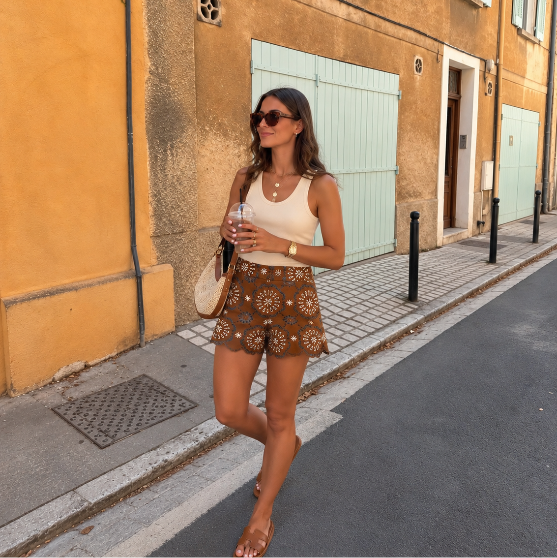 Veronica Beard Allen Linen Eyelet Shorts in Light Brown (Surplus - New)
