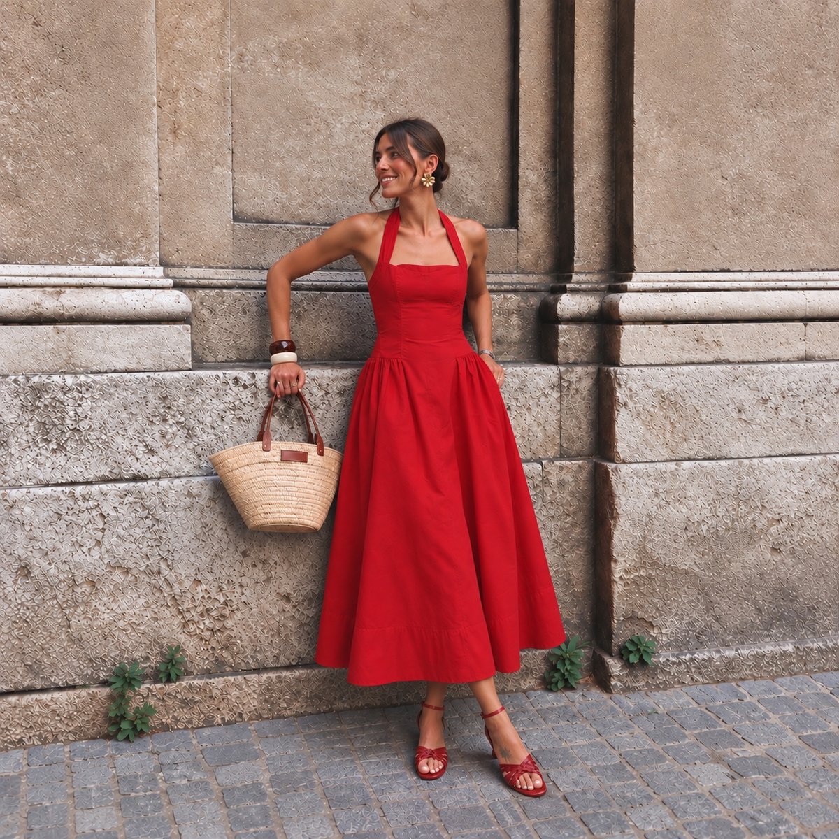Anthropologie Maeve Poplin Halter Midi Dress in Red (Surplus - New)