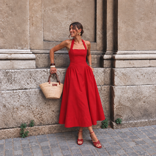 Anthropologie Maeve Poplin Halter Midi Dress in Red (Surplus - New)
