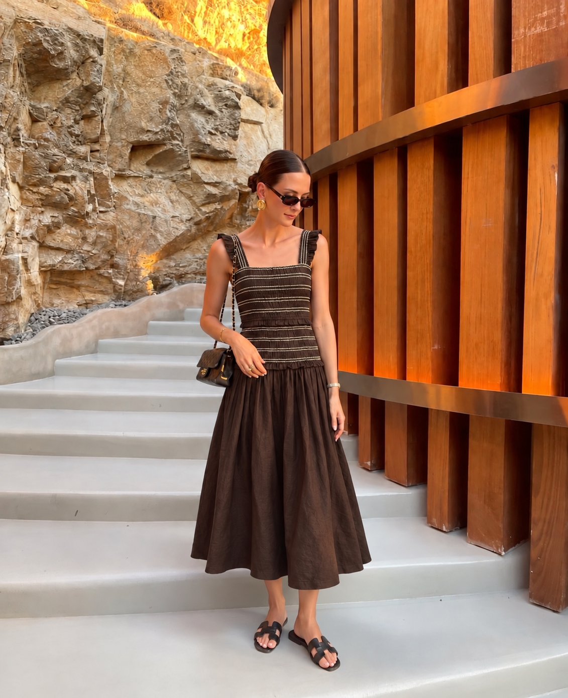ME+EM Cotton Poplin Contrast Stitch Midi Dress in Summer Chocolate (Surplus - New)