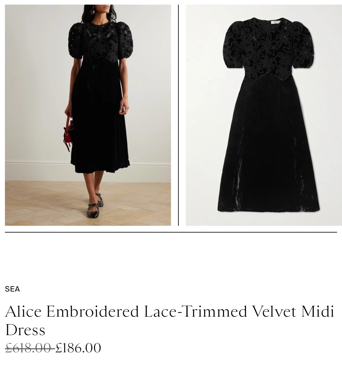 Sea Alice Embroidered Lace-Trimmed Velvet Midi Black Dress (Surplus - New)