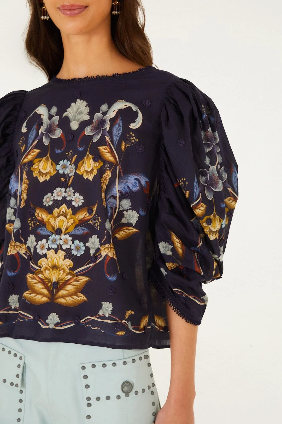 Farm Rio Golden Nature 3D Flower Puff Sleeve Blouse (Surplus - New)