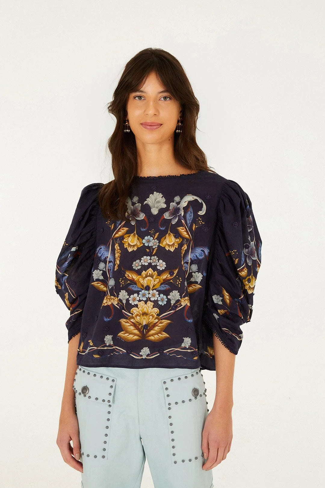 Farm Rio Golden Nature 3D Flower Puff Sleeve Blouse (Surplus - New)
