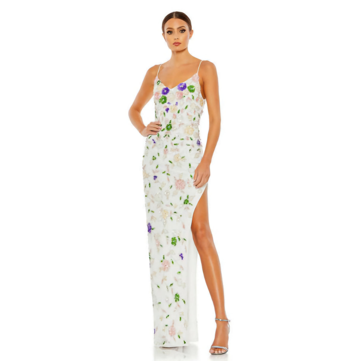 Mac Duggal White Multi Embellished Lace Sleeveless V-Neck Gown (Surplus - New)