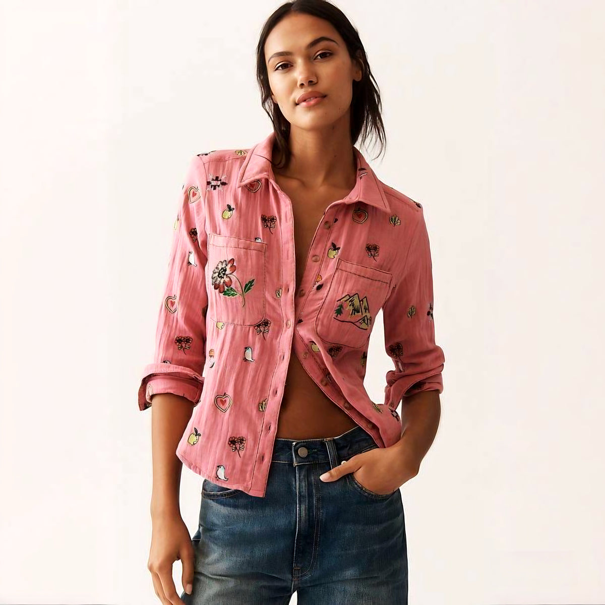 Anthropologie The Tabby Embroidered Icon Button-down Shirt by Pilcro (Surplus - New)