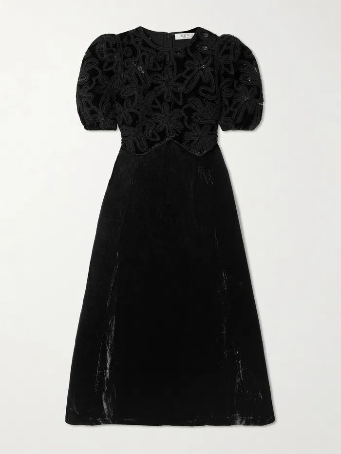 Sea Alice Embroidered Lace-Trimmed Velvet Midi Black Dress (Surplus - New)