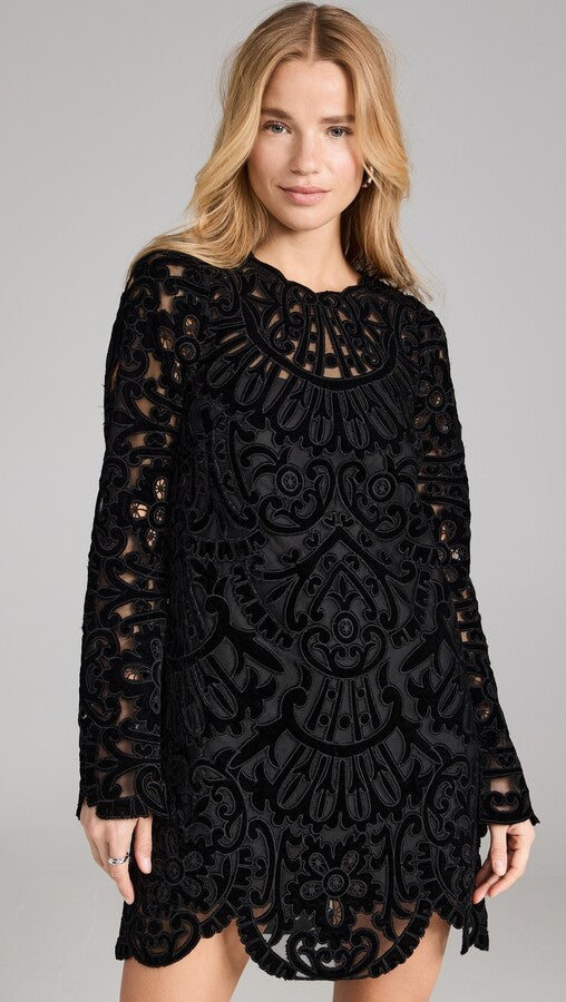 Sea New York Dana Embroidery Velvet Long Sleeve Dress - Black Slip Not Included (Surplus - New)